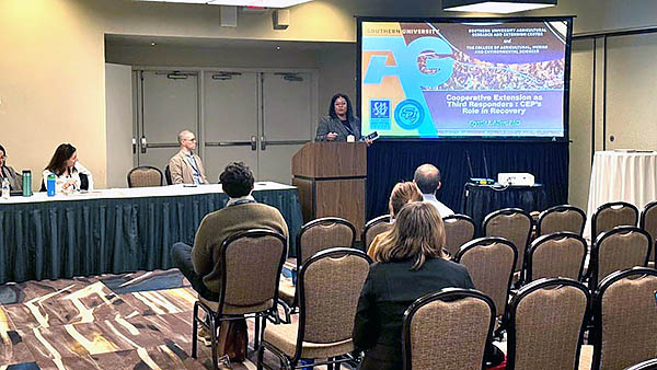 Dr. Krystle Allen, community and economic development specialist, presents to group.