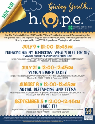 The Southern University Ag Center's 4-H Youth Development team conducted a Zoom series called "Giving Youth HOPE" from June to August 2020.