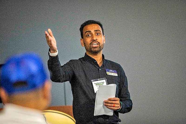 Biswinath Dari, Ph.D., talks about his work to reduce carbon emissions among vegetable growers at N.C. A&T’s Small Farms Week Educational Forum.