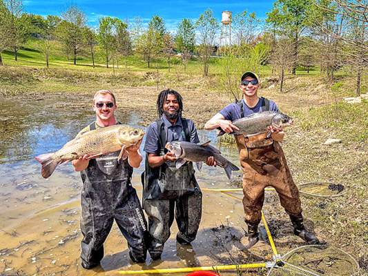 Students collect stranded fish on the Buffalo Trace campus for safe return to the Kentucky River.