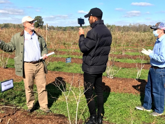 Videographer Joshua Maclin and marketing assistant Mark Klingman film Dr. Reza Rafie, horticulture Cooperative Extension specialist at Virginia State University, in the berry fields at Randolph Farm.