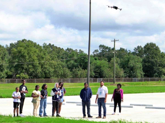 Students operate a drone.
